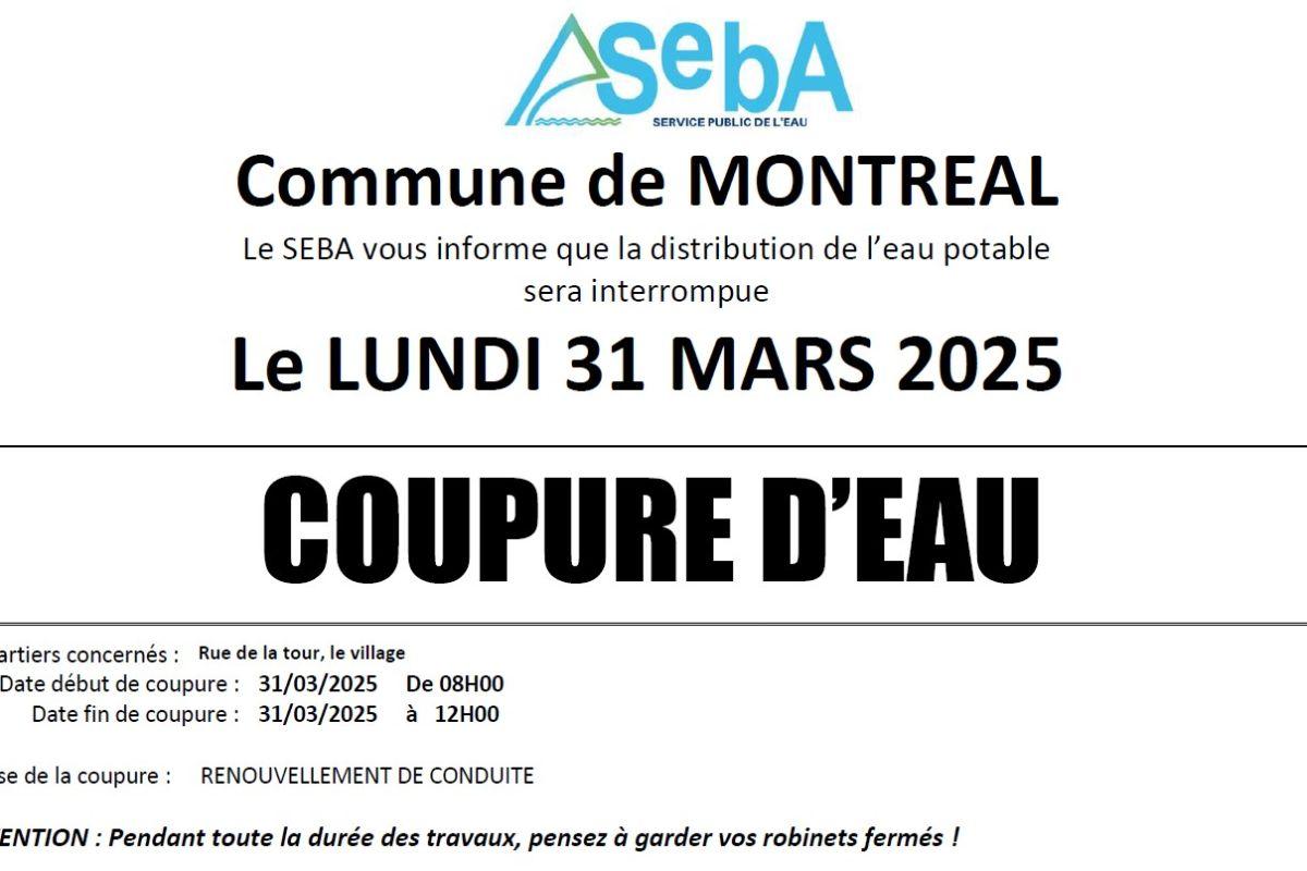 COUPURE D'EAU le 31 MARS 2025